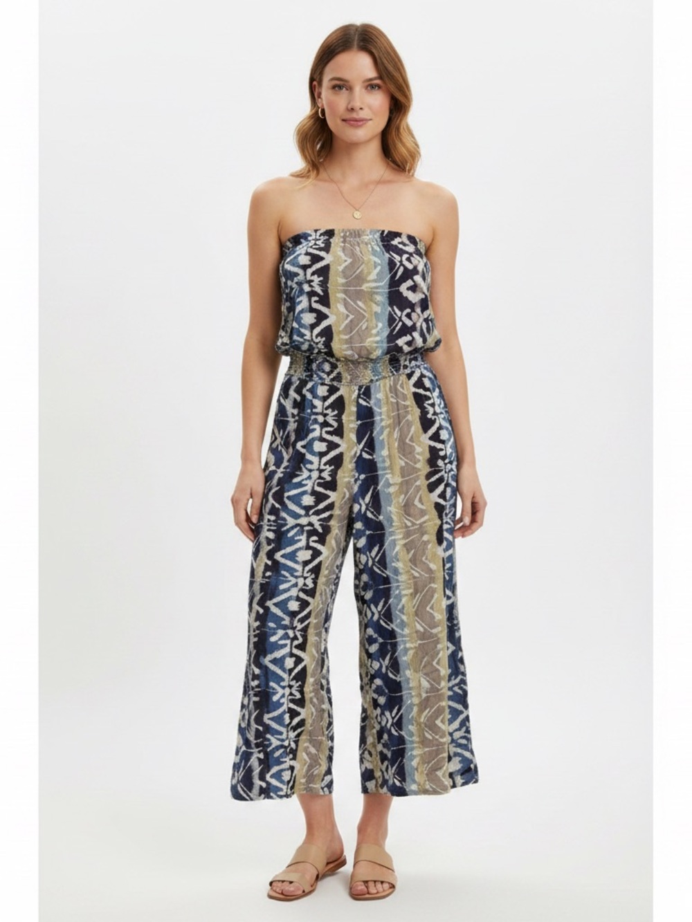 blue island Strapless Jumpsuit in Blue, Tan & White Print